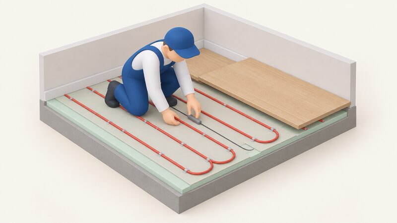 A simplified isometric installer kneeling on a subfloor, positioning a small floor sensor probe on a thin cable-like wire midway between two parallel runs of underfloor heating cable, with insulation board beneath and a floor covering board held ready to lay over the top.