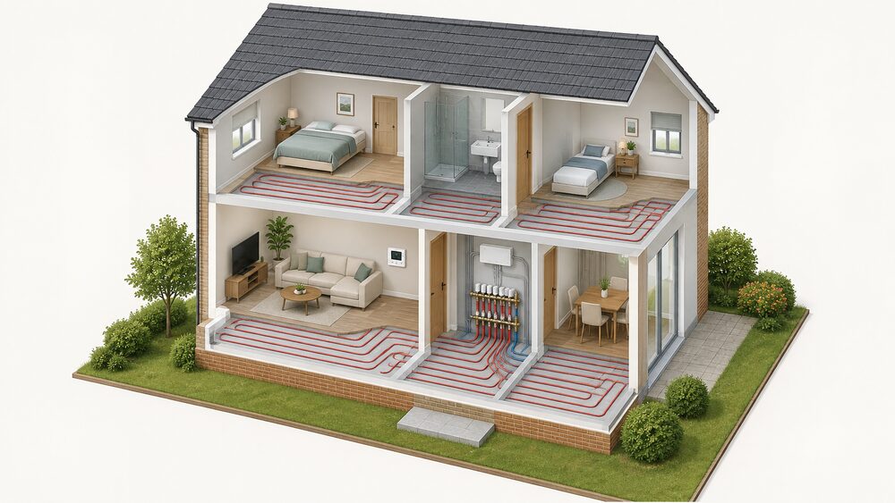 A cutaway house showing wet underfloor heating: loops of reinforced polythene pipe laid in the ground-floor screed, each circuit running up to a wall-mounted manifold with regulating valves and actuator heads, a wiring centre beside it, and a room thermostat on the living room wall.
