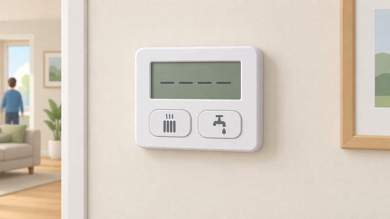 A close-up of a wall-mounted digital heating programmer on an interior wall, with a blank digital display and two separate buttons, one for heating and one for hot water, shown as a plain object with no readable text.