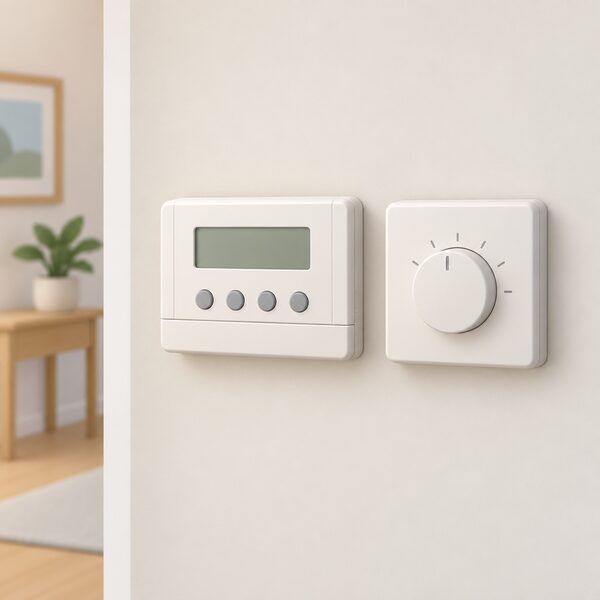 A wall-mounted heating programmer and a separate room thermostat mounted side by side on an interior wall of a home, shown as two distinct control boxes with simple dials or buttons, with no wiring or boiler visible.