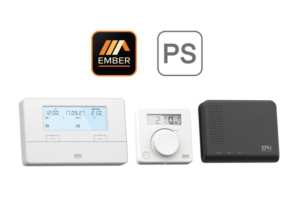 EPH Ember smart heating programmer system: a white control panel, a dial thermostat and a black receiver unit, with Ember and PS logos above