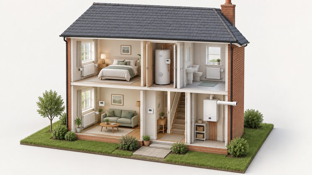 A cutaway two-storey house showing the heating controls working together: a wall-mounted programmer in the hall, a room thermostat in the living room, TRVs on the radiators, a boiler indoors with its flue through an external wall, and a hot water cylinder with a cylinder thermostat in the airing cupboard.
