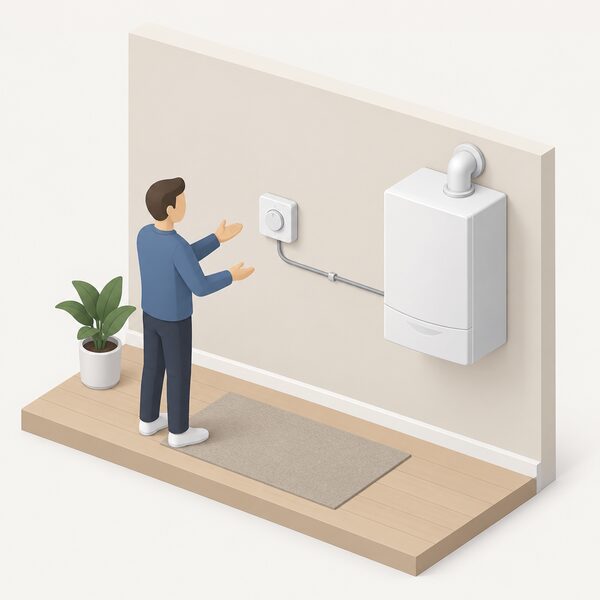 An indoor wall on which a simplified wall thermostat is mounted a short distance from a wall-hung boiler, the two joined by a slim low-voltage control cable running along or inside the wall, with a small isometric figure gesturing between them to show control and appliance communicating.