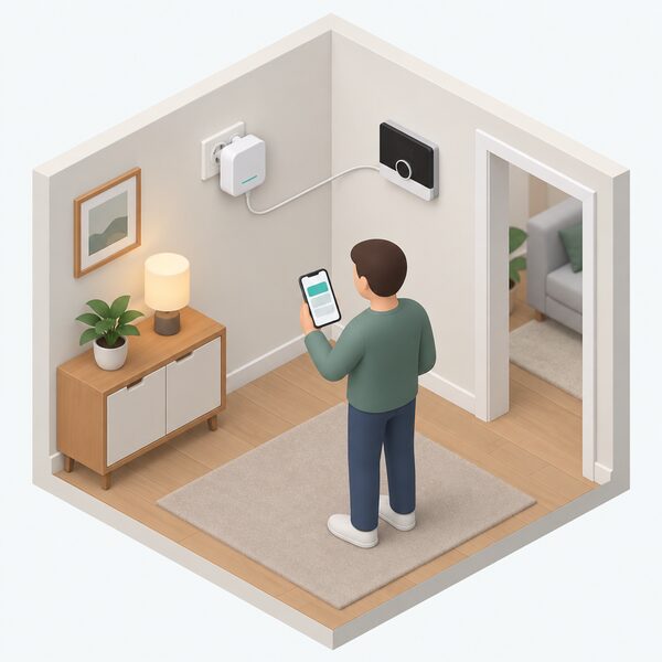 A small isometric indoor scene showing a compact internet gateway unit plugged into a wall mains socket, a cable linking it to a wall-mounted heating control, and a simplified figure holding a phone whose screen shows plain colour blocks representing the myVaillant app.