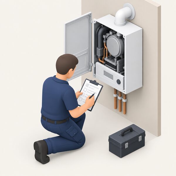 A heating engineer kneeling beside a wall-hung Vaillant boiler during a service visit, completing and signing an Appliance Function Check document on a clipboard, with the boiler's casing open for inspection.