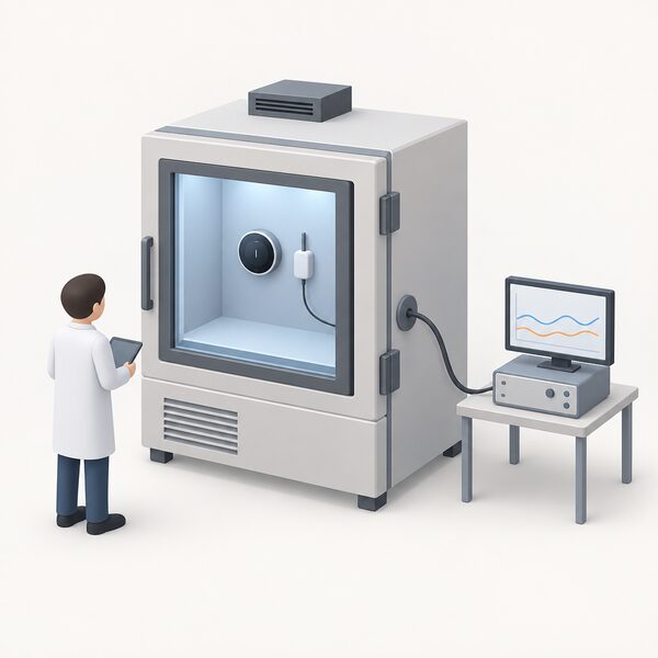 A small isometric figure of a technician observing a smart thermostat mounted inside a temperature-controlled test chamber, with a reference sensor beside it and a cable running to monitoring equipment outside the chamber.