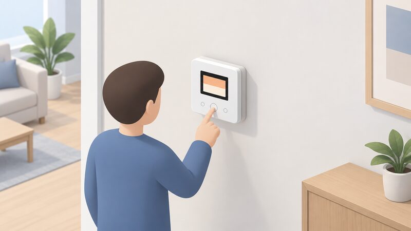 A small square white room thermostat mounted on a wall bracket on an interior wall, its TFT colour display showing a setpoint as a plain colour band with blank line, with a simplified isometric figure touching one of its touch buttons.
