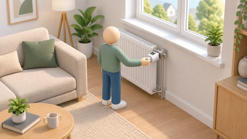 A white thermostatic radiator valve head with a small digital display screwed onto the valve of a radiator in a living room, with a sofa and window nearby and a small simplified figure adjusting the dial by hand.