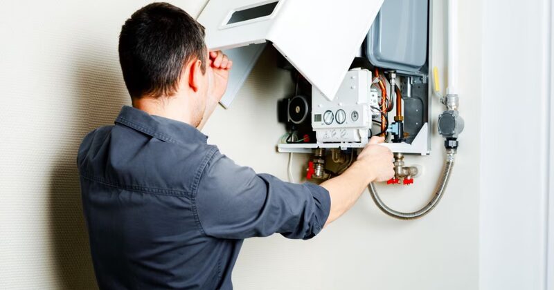 A technician servicing the internal components of a wall-mounted gas boiler with the casing open