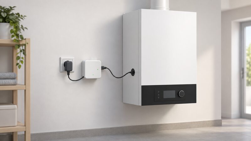 A small white Vitoconnect gateway plugged into a wall socket beside a wall-mounted Viessmann boiler, with an Opto-Link cable running from the gateway to the boiler casing and a plug-in power supply in the socket.