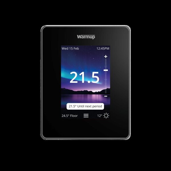 A Warmup black touchscreen smart thermostat displaying a set temperature of 21.5°C and floor temperature of 24.5°C