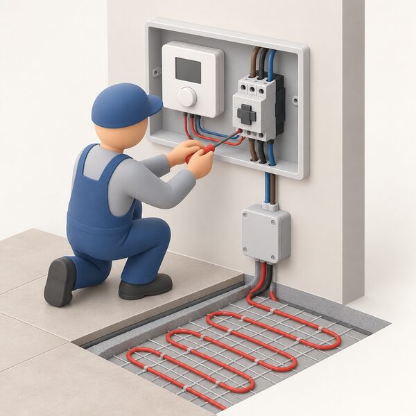 A wall-mounted underfloor heating thermostat with a contactor unit installed beside it in the same wall enclosure, wired so the thermostat's control connections run to the contactor while the contactor switches the heavier heating cable circuit, with a simplified installer figure checking the wiring.