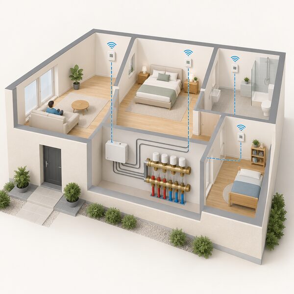 A cutaway house view showing a wiring centre mounted beside the water underfloor heating manifold, with a small wireless thermostat on the wall of each room above, connected by simplified wiring to the manifold's motorised valves.