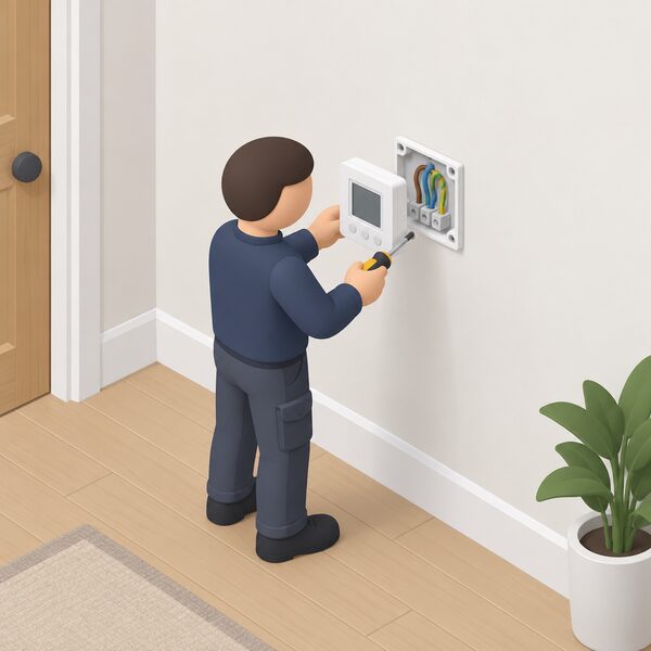 A qualified electrician in plain work clothing, shown as a small simplified isometric figure, fitting a wall-mounted underfloor-heating thermostat to an interior wall of a UK home, with the back box and wiring exposed and a screwdriver in hand.