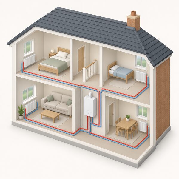 A simplified cutaway view of a home interior showing a wall-mounted boiler connected by pipework to several radiators in different rooms, representing a newly installed wet heating system sized for a maximum flow temperature.
