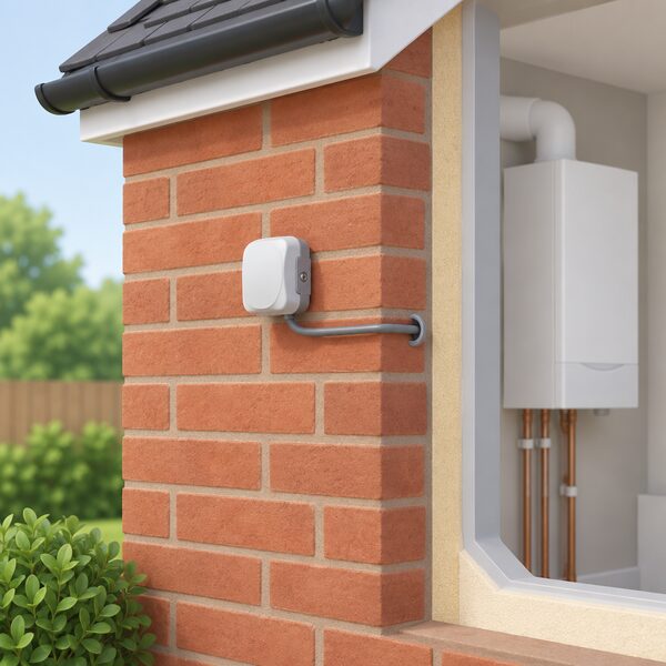 A small weather compensation outdoor sensor mounted on the external brick wall of a house, with its cable running into the wall toward the boiler inside, drawn as a simple close-up of the fitting.