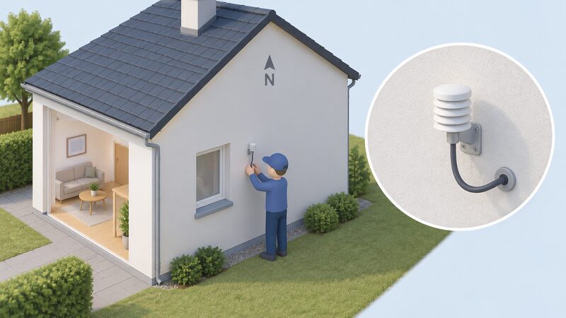 A small isometric figure stands at the north-facing external wall of a house, having just fixed a compact wired outdoor temperature sensor probe to the wall, with its cable running into the building and no network equipment anywhere in the scene.