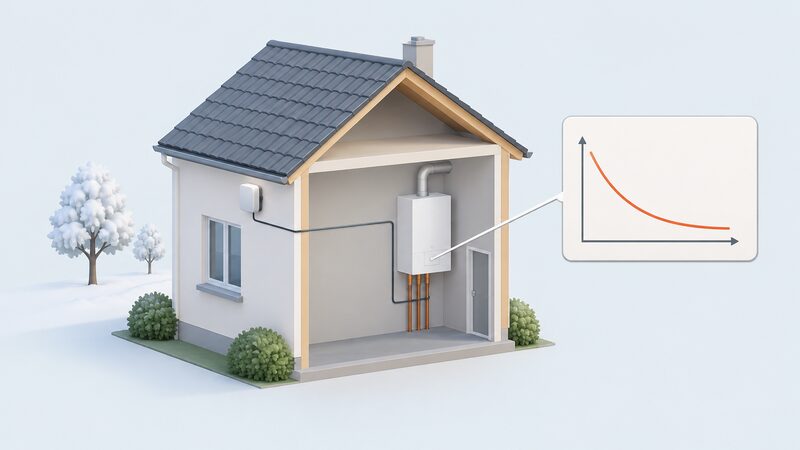 A small outdoor temperature sensor fixed to an external house wall, with a cable running back to the boiler, beside a simple diagram panel showing a heating curve line that sets the boiler flow temperature setpoint.
