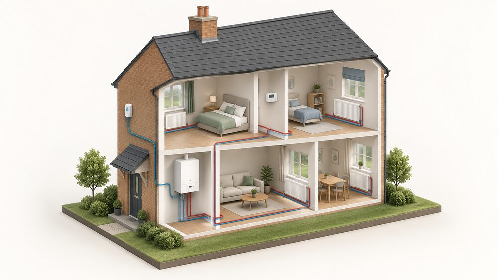 A cutaway house showing a small outdoor temperature sensor fixed to the external wall, wired back to a boiler indoors, which supplies warm water to radiators in the rooms, with a room thermostat on an internal wall.