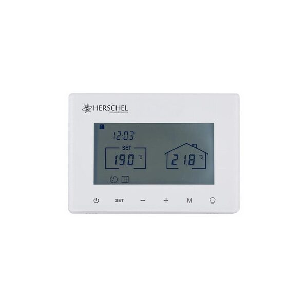A white Herschel battery-powered wireless thermostat with an LCD display showing set and current temperatures