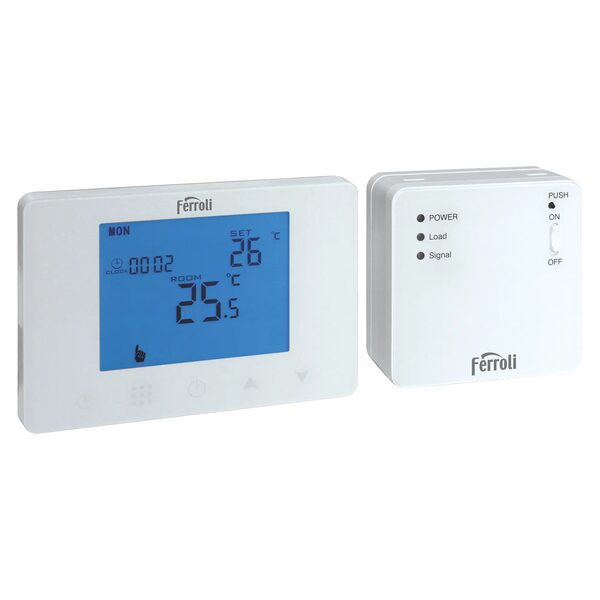 A Ferroli FER 209 wireless room thermostat with its receiver unit, shown as a product photo on a white background