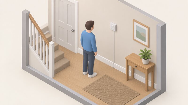 A small isometric hallway scene showing a plain wired room thermostat mounted at head height on the wall, with its cable running down inside the wall to a point at skirting level, where it disappears into the floor void toward the boiler.