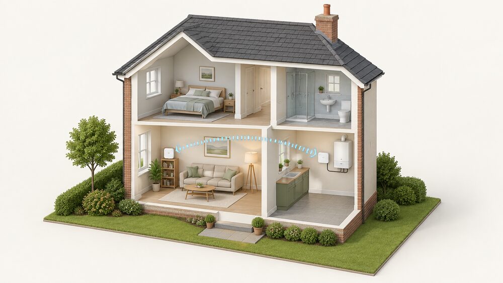 A cutaway house showing a small wireless thermostat room unit sitting on a shelf in the living room, a radio signal arc travelling from it to a receiver box wired beside the boiler in the kitchen, with a cable running from the receiver into the boiler.