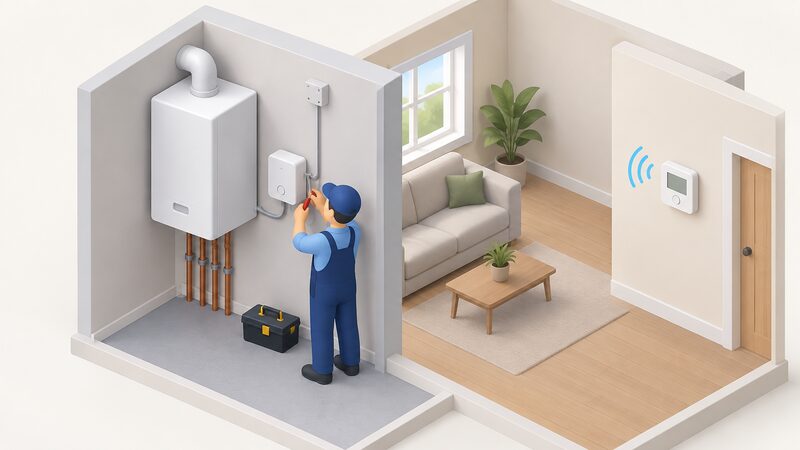 A small isometric electrician wiring a mains-powered wireless receiver box mounted beside a wall-mounted boiler, the receiver's front face showing a plain pairing button, with a short cable run between receiver and boiler and no cable to the distant battery thermostat.