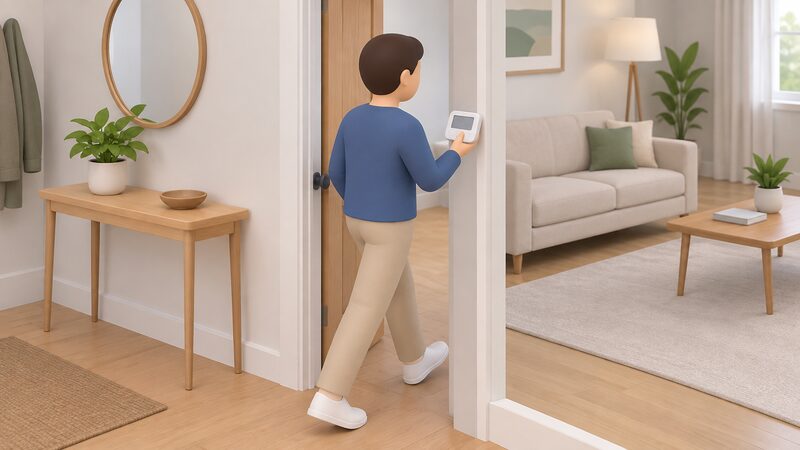 A simplified figure's hand lifts a small battery-powered wireless room thermostat from a hallway shelf and carries it through a doorway into a living room, showing the unit being moved between rooms rather than fixed to the wall.