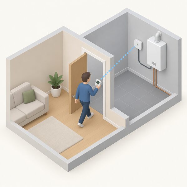 A simplified isometric figure carries a small handheld wireless room thermostat through a doorway between two rooms, while on the far wall of the boiler room a receiver box is wired to the wall-mounted boiler, a dotted radio path linking thermostat to receiver.