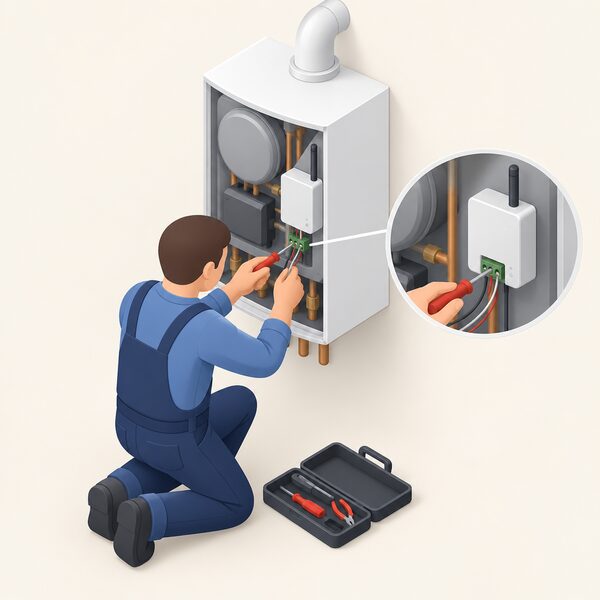A trained professional, shown as a simplified isometric figure, kneels beside a home boiler with its casing open, wiring a small wireless receiver unit to the boiler's OpenTherm connection using a screwdriver and connecting cables.