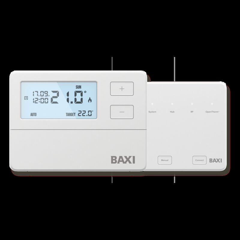 A Baxi OpenTherm RF wireless room thermostat with digital display shown alongside its receiver unit