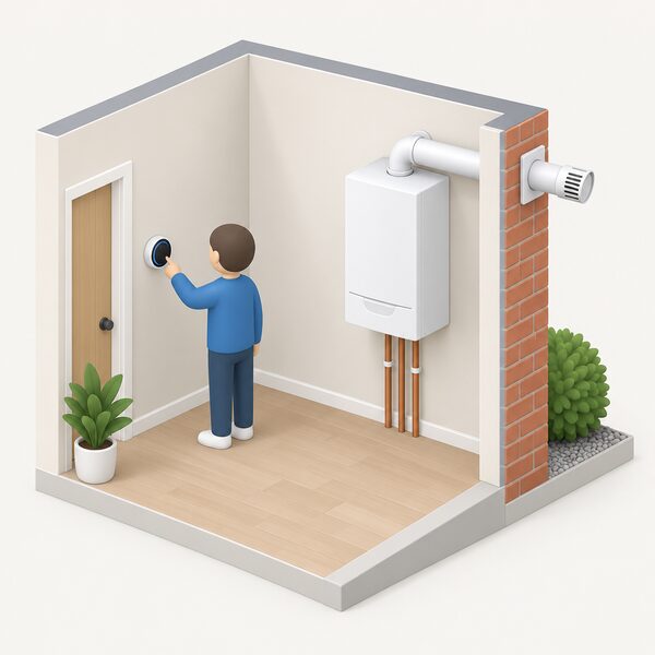 A wall-mounted combi boiler inside a home with its horizontal flue passing through the outside wall, while a small simplified figure adjusts a smart thermostat on an interior wall that controls the boiler.