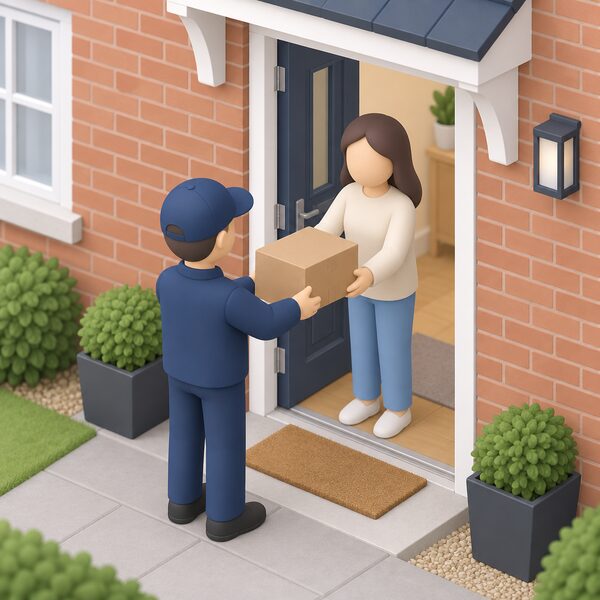 A delivery person at a UK house front door hands a plain cardboard parcel to a simplified figure of the homeowner, with the door open behind them and the parcel clearly the focus of the handover.