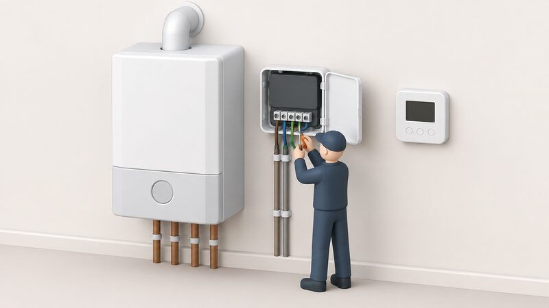 A Wiser Home HubR mounted on a wall beside a domestic boiler, its cover open to show fixed wiring connections into a terminal block, with a small isometric installer figure connecting a cable, while a wireless room thermostat sits nearby with no wiring.