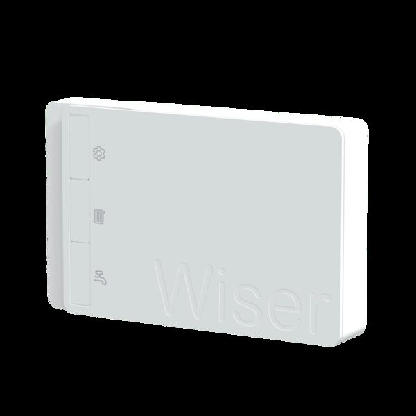A white Wiser 2 Channel HubR smart heating control hub with channel buttons and icons