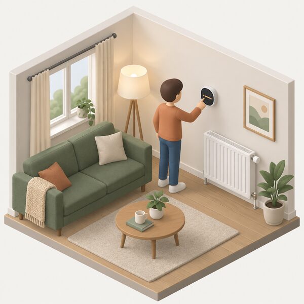 A small simplified isometric figure stands in a lived-in living room tapping the schedule on a wall-mounted smart room thermostat, with a sofa and radiator nearby, showing the household setting up the heating schedule themselves.