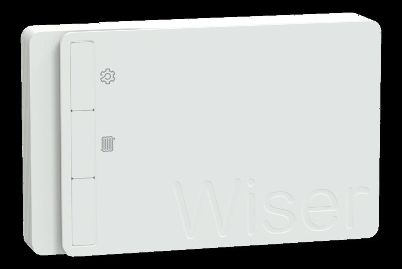 A white Wiser smart heating room thermostat control unit shown against a plain background