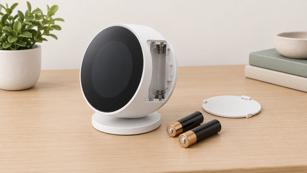 A close-up of a small white round-faced wireless room thermostat sitting on its table stand on a tabletop, with its battery cover removed and two AA batteries beside it ready to be fitted.