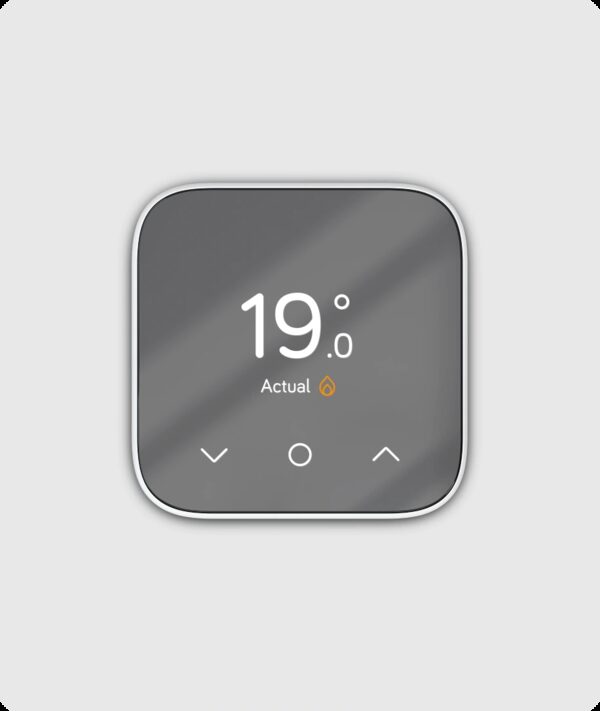 A Hive smart thermostat displaying a temperature of 19.0 degrees on a grey screen