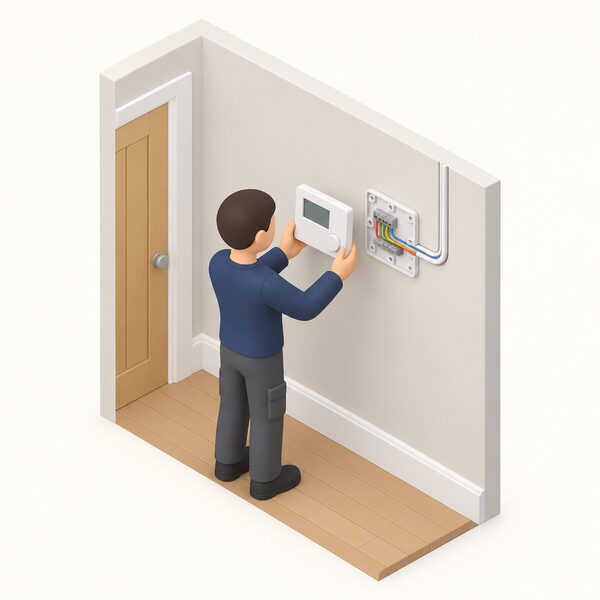 A heating engineer in plain work clothes, shown as a small simplified isometric figure, fits a room thermostat onto an inside wall of a UK home, with the wall plate removed to show the wiring connections being made as part of a multi-zone heating installation.