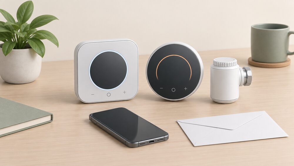 Two different wall-style smart thermostats stand side by side on a table, one with a small radiator valve beside it, in front of a phone with a blank screen and a plain envelope, suggesting a household comparing two heating control systems.