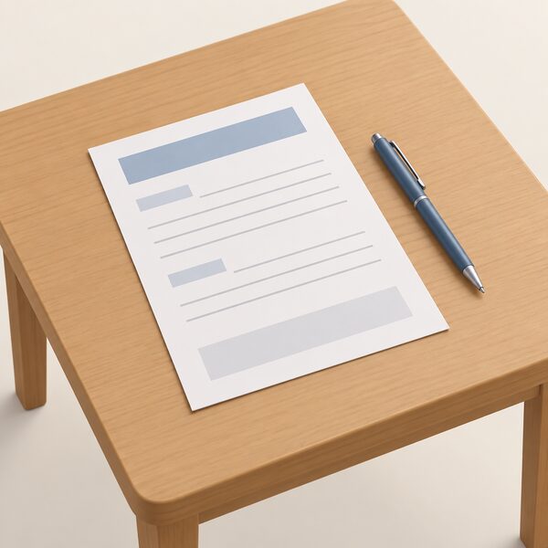 A printed warranty document lying flat on a household table, its guarantee record shown as blank lines and plain blocks, with a pen resting beside it ready for the homeowner to complete the commissioning details.