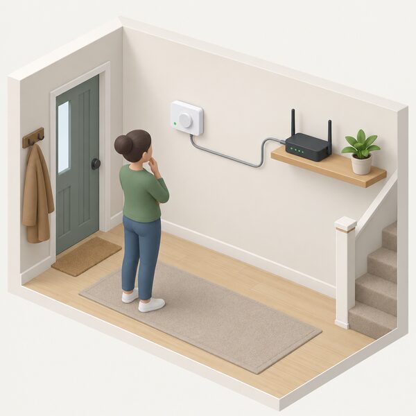 A wall-mounted heating control module in a home hallway connected by a cable running along the wall to a broadband router on a nearby shelf, with a small isometric figure of a householder looking at the two linked devices.