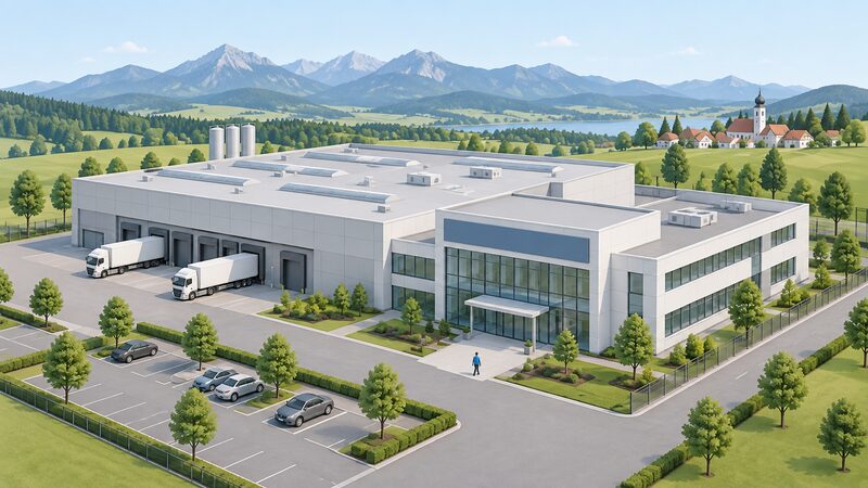 A simplified isometric view of a modern industrial factory and office campus in a Bavarian setting, with a large blank signage band on the main building, rolling hills behind, and a small simplified figure walking toward the entrance.