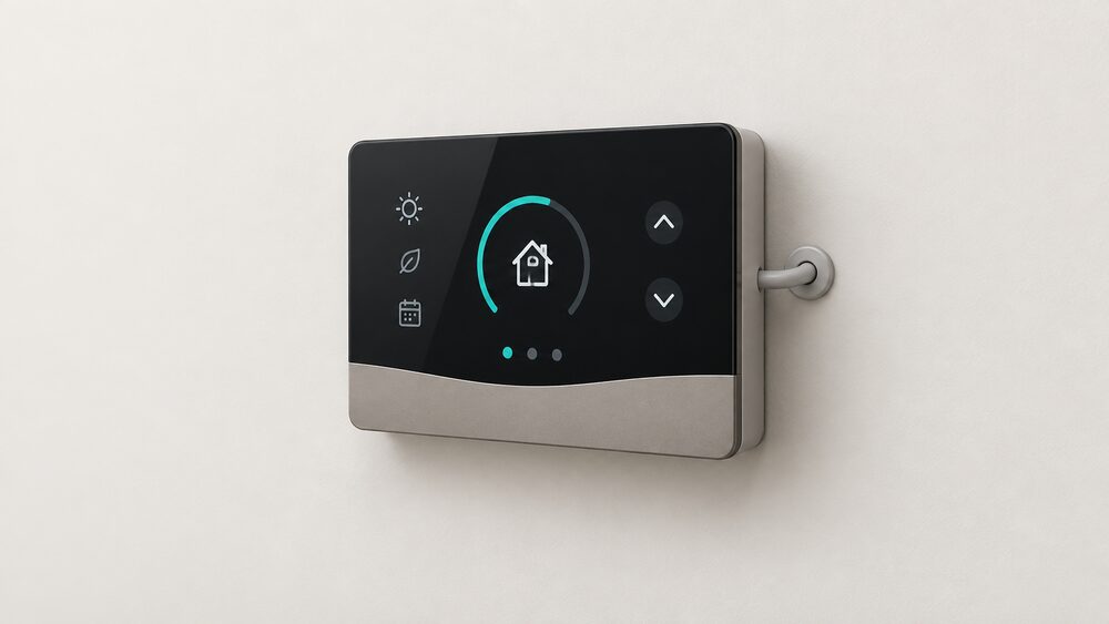 A close-up of a wall-mounted sensoCOMFORT system controller with a semi touch interface, its wired version shown with a cable running from the back of the unit into the wall, nothing else in the scene.