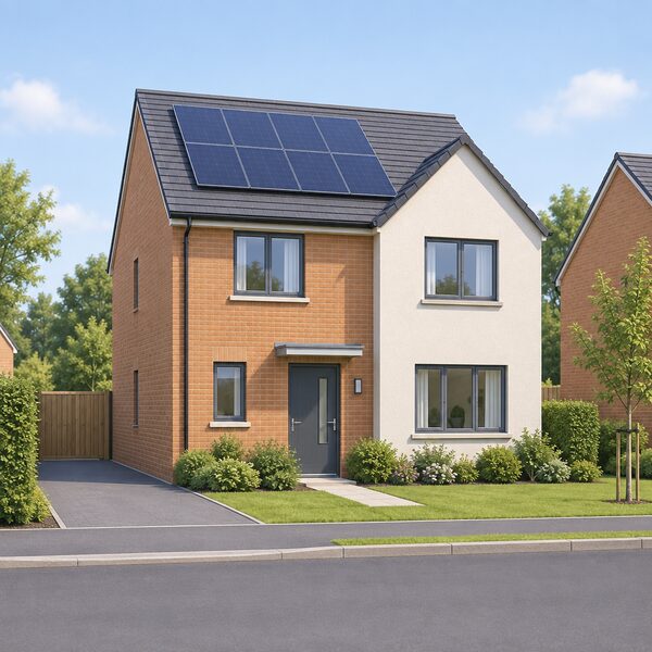 A simple exterior view of a modern three-bedroom detached new build house, shown from the street with a pitched roof, brick and render walls, windows, a front door and a small garden, with a solar panel array on the roof and a battery unit hinted at through no interior detail.