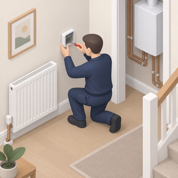 A provider engineer in plain work clothing, shown as a simplified isometric figure, kneels beside a wall-mounted Wondrwall smart heating control in a home hallway, checking its wiring with a small screwdriver, with a radiator and boiler pipework visible nearby to show the maintained heating hardware.