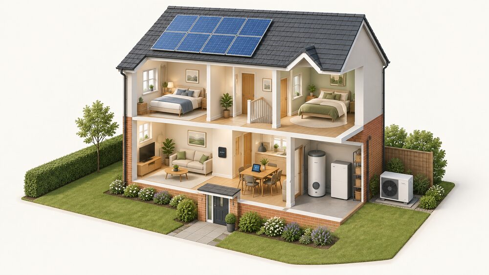 A cutaway three-bedroom house with solar panels on the roof, an air source heat pump standing outside on the ground, a battery and smart hot water cylinder in a utility space, and a smart light switch with touch sensors on an interior wall.