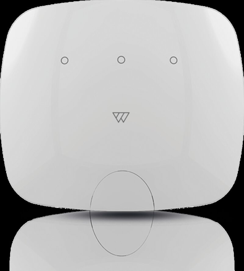 A white Wondrwall smart home automation control panel with three indicator lights and a W logo